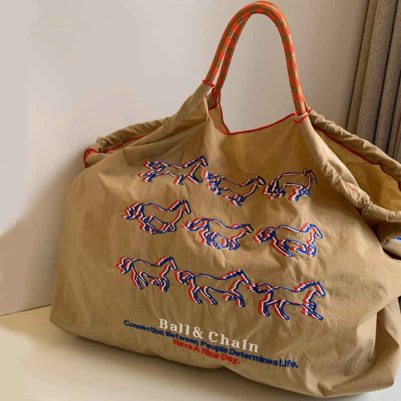 Running Horses Embroidery Casual Canvas Tote