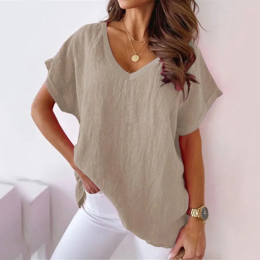 Summer Loose V-Neck Khaki T-Shirt