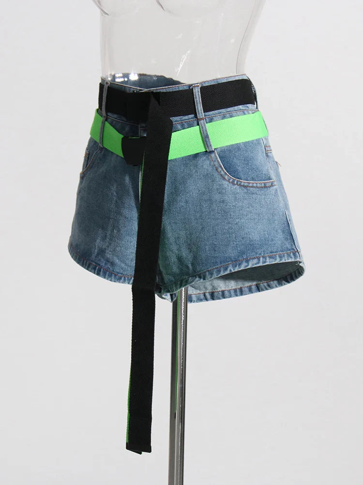 Paola Colorblock Double Belted Denim Shorts