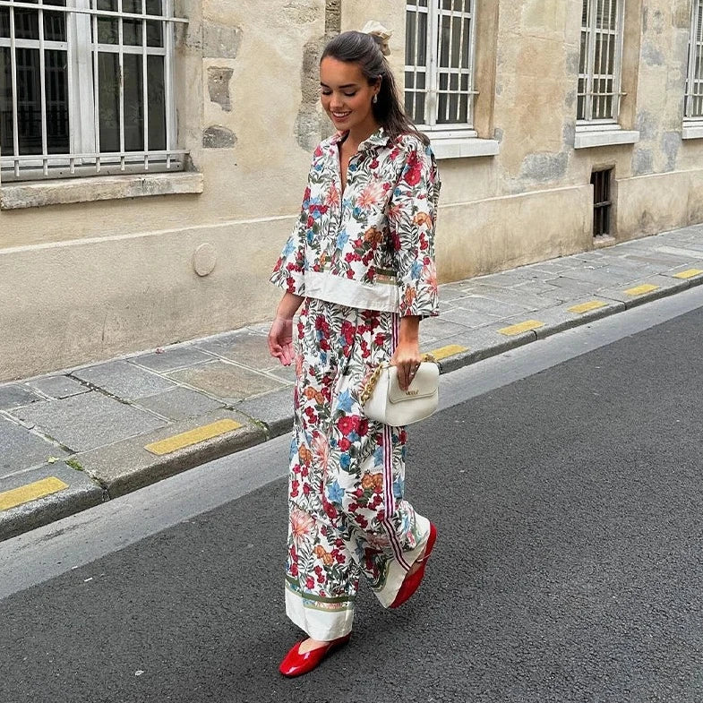 Albertina Retro Floral Tunic Blouse & Pants Set