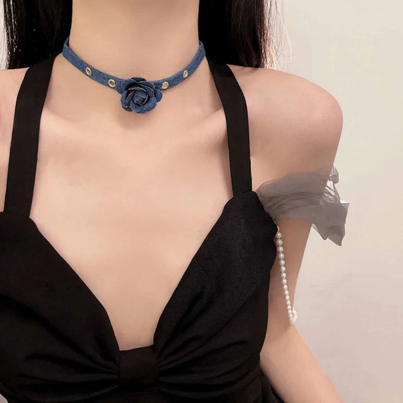 Denim Rose Corsage Choker Necklaces