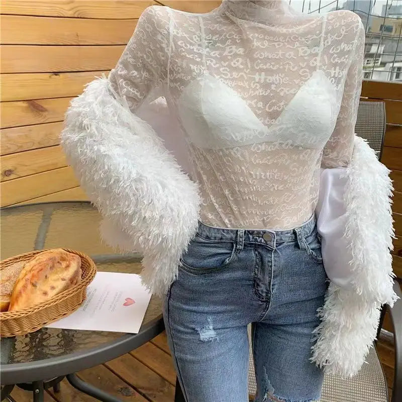 Letter Prints Sheer Turtleneck Tops