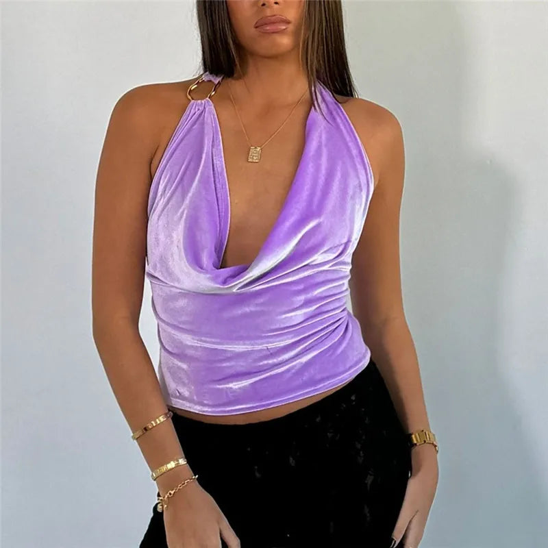 Velvet Y2K Halter Backless Swing Collar Cami Top