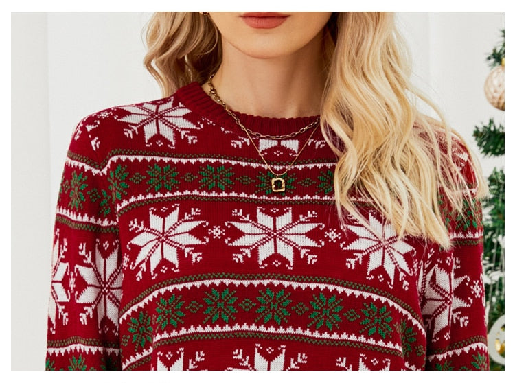 Long Sleeve Small Snowflake Slim Red Christmas Print Sweater Knit JumperPullover Sweater