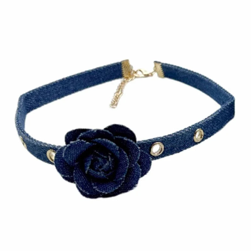 Denim Rose Corsage Choker Necklaces