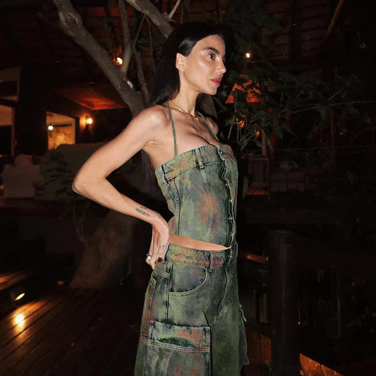 Denim Button Backless Off Shoulder Cami Top