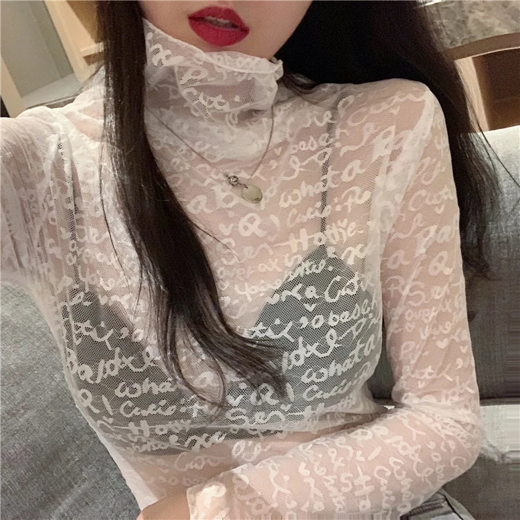 Letter Prints Sheer Turtleneck Tops