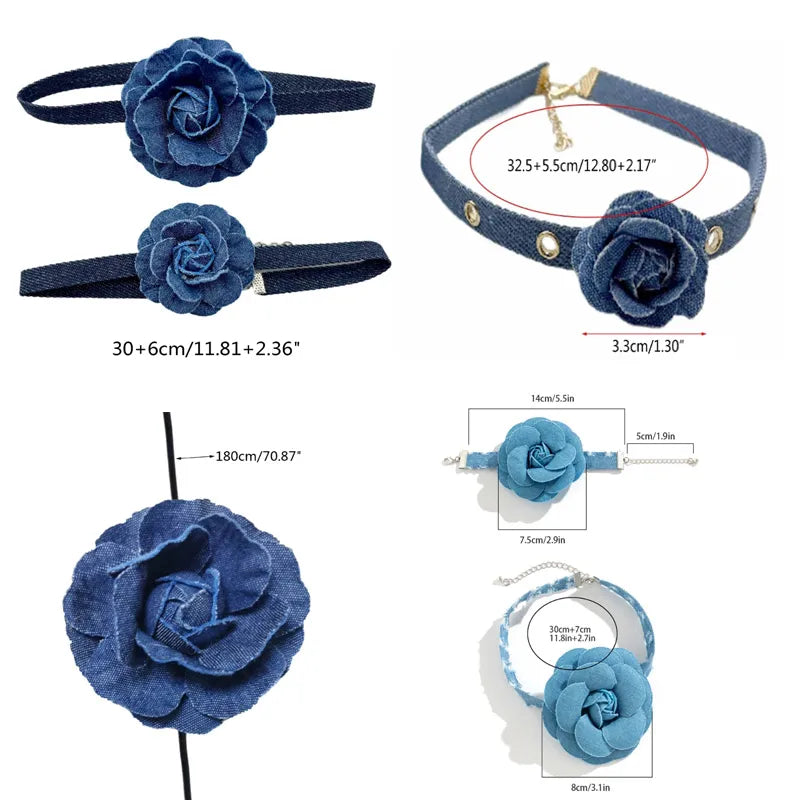 Denim Rose Corsage Choker Necklaces