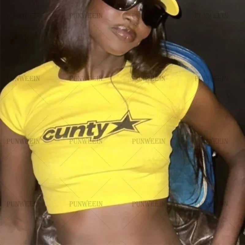 Aesthetic Goth Letter Baby Tee Yellow Crop Top