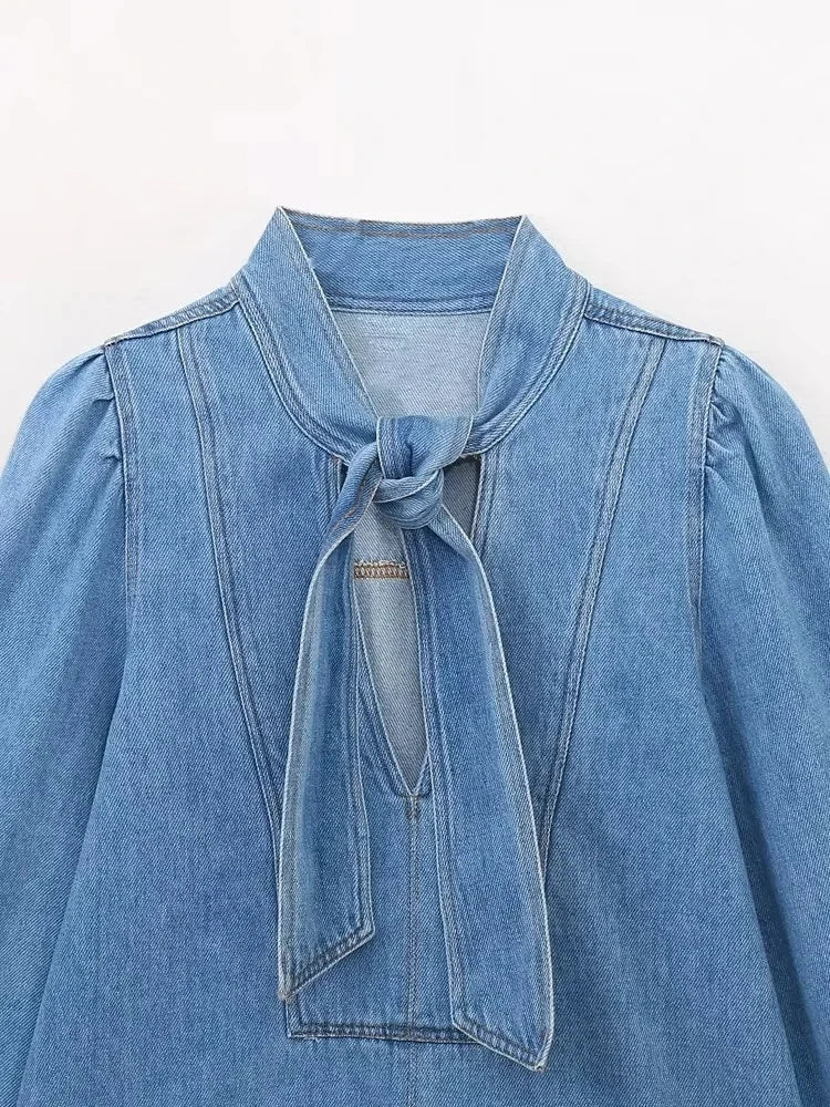 Bow Tie Denim Blouse