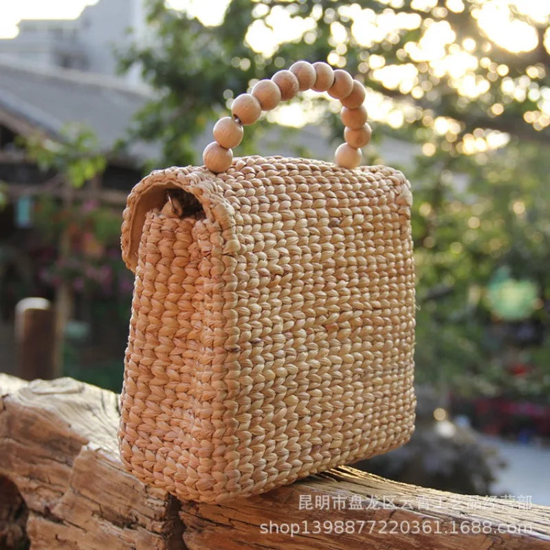 Cahya Wooden Bead Handle Straw Handbag
