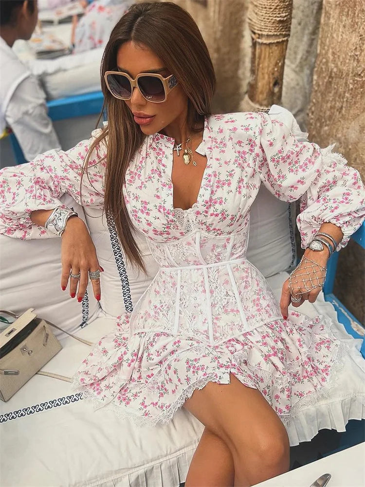 Ruffled V-neck Lace Floral Dress