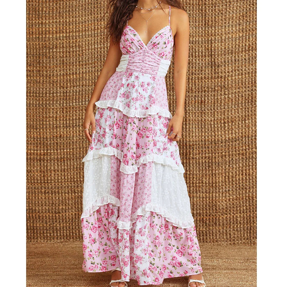 Boho Tie Shoulder Patchwork Floral Dress