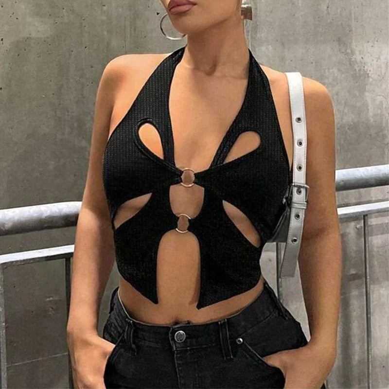 Backless Y2K Black Asymmetrical Slim Cami Top