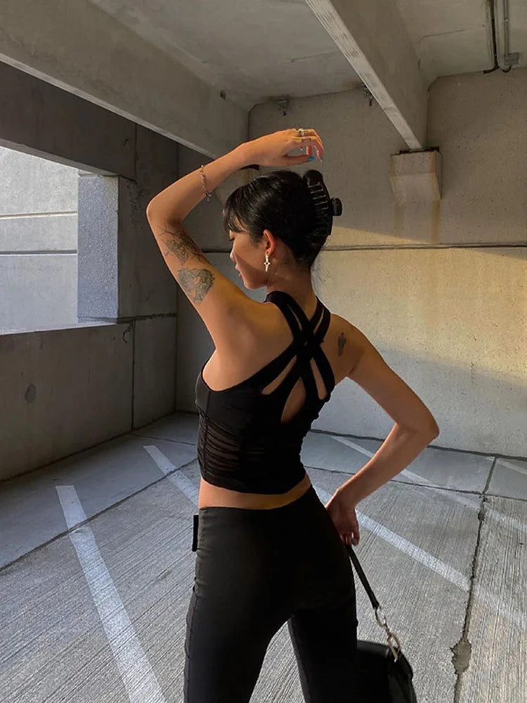 Hollow Halter Ruched Patchwork Mesh Cami Top