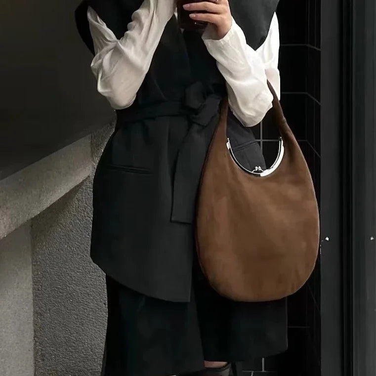 Maelle Oval Handle Suede Hobo Bag