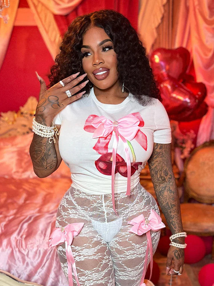 Bow Appliques Cherry Print Crop Top