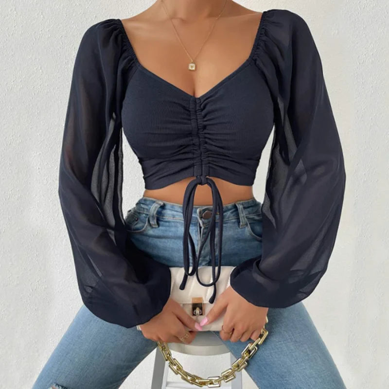 V-Neck Drawstring Bandage Sheer Top