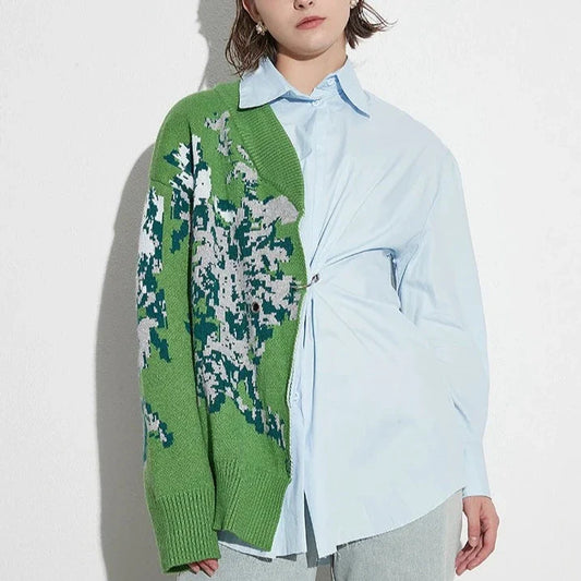 Cassia Patchwork Knit and Shirt Blouse