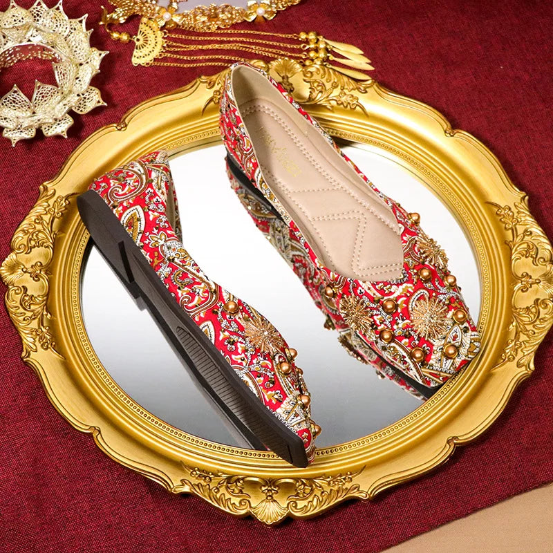 Meera Luxe Royal Red Prints Ballet Flats