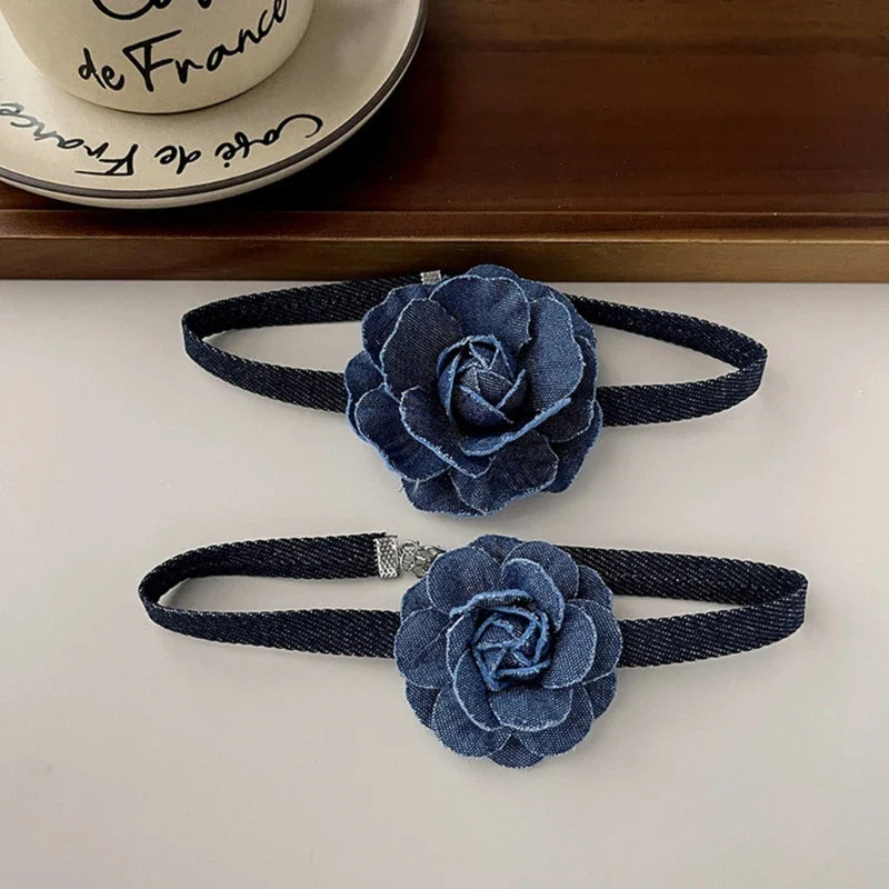 Denim Rose Corsage Choker Necklaces