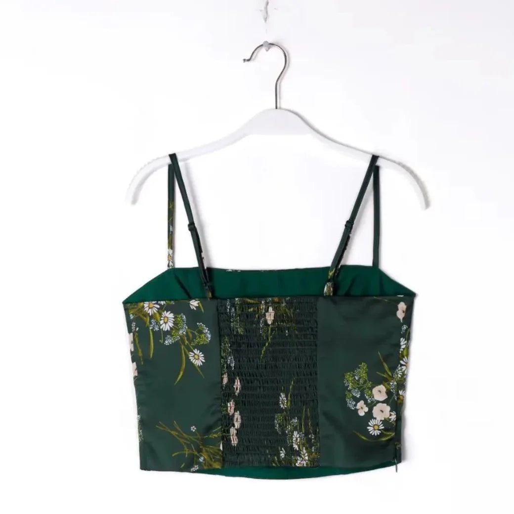 Green Floral Chinoise Satin Camisole Top