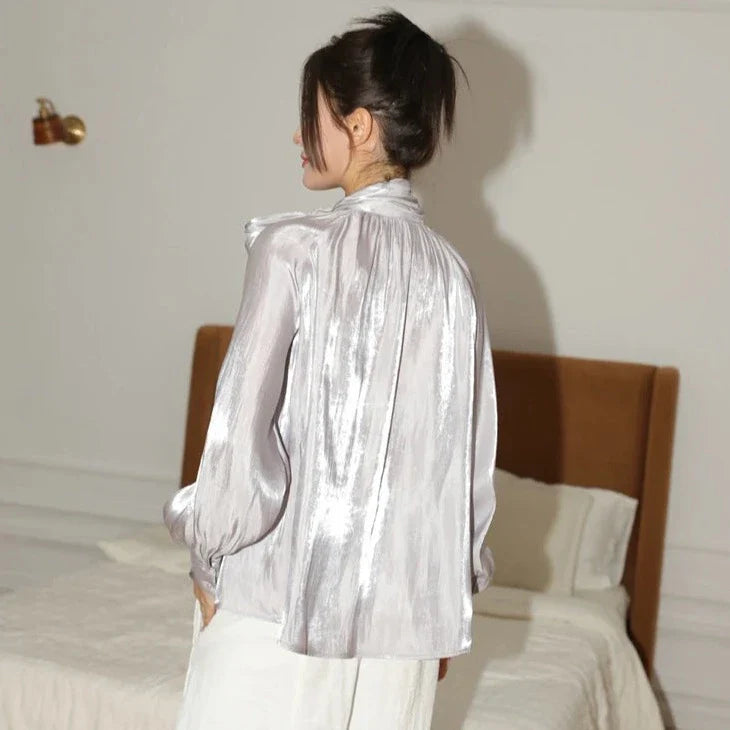 Jobelle Silver Glitter Bow Tie Neck Blouse