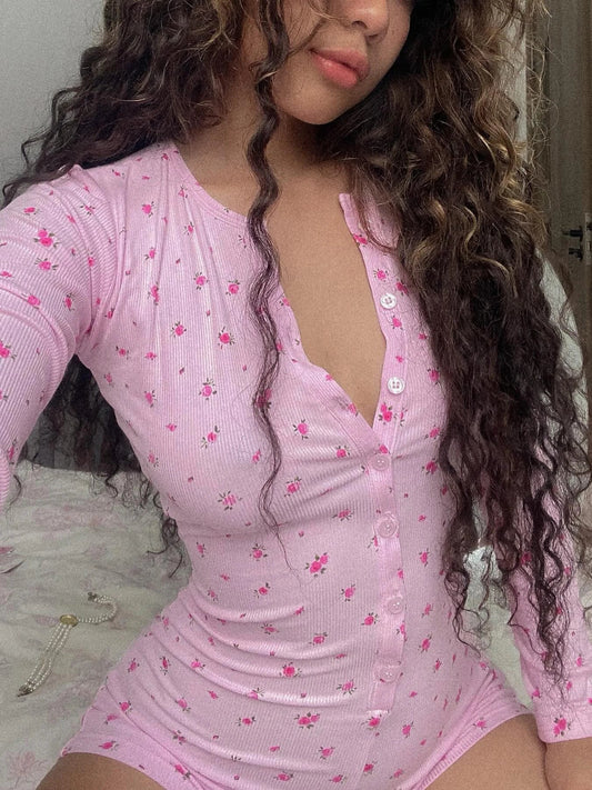 Floral Print Crewneck Chic Long Romper