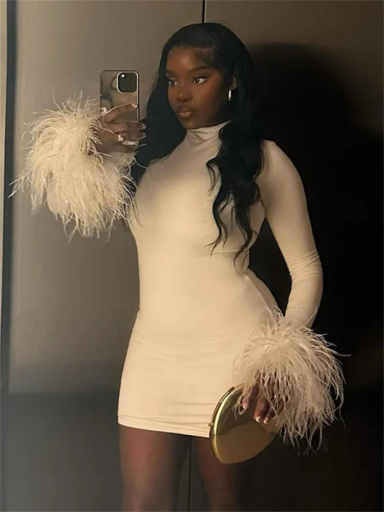 Feather Patchwork Stretch O Neck Mini Dress
