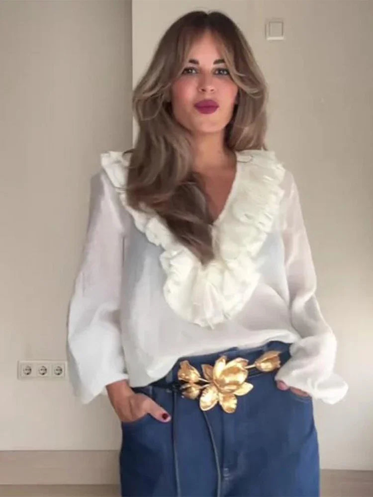 Ruffles Lace Up White V-neck Flared Blouse