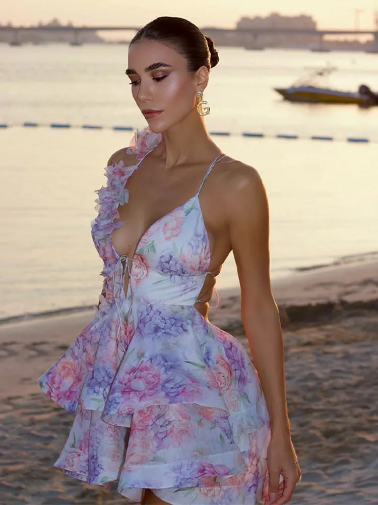 Tie-dye Deep V Neck Flare Sleeve Floral Dress