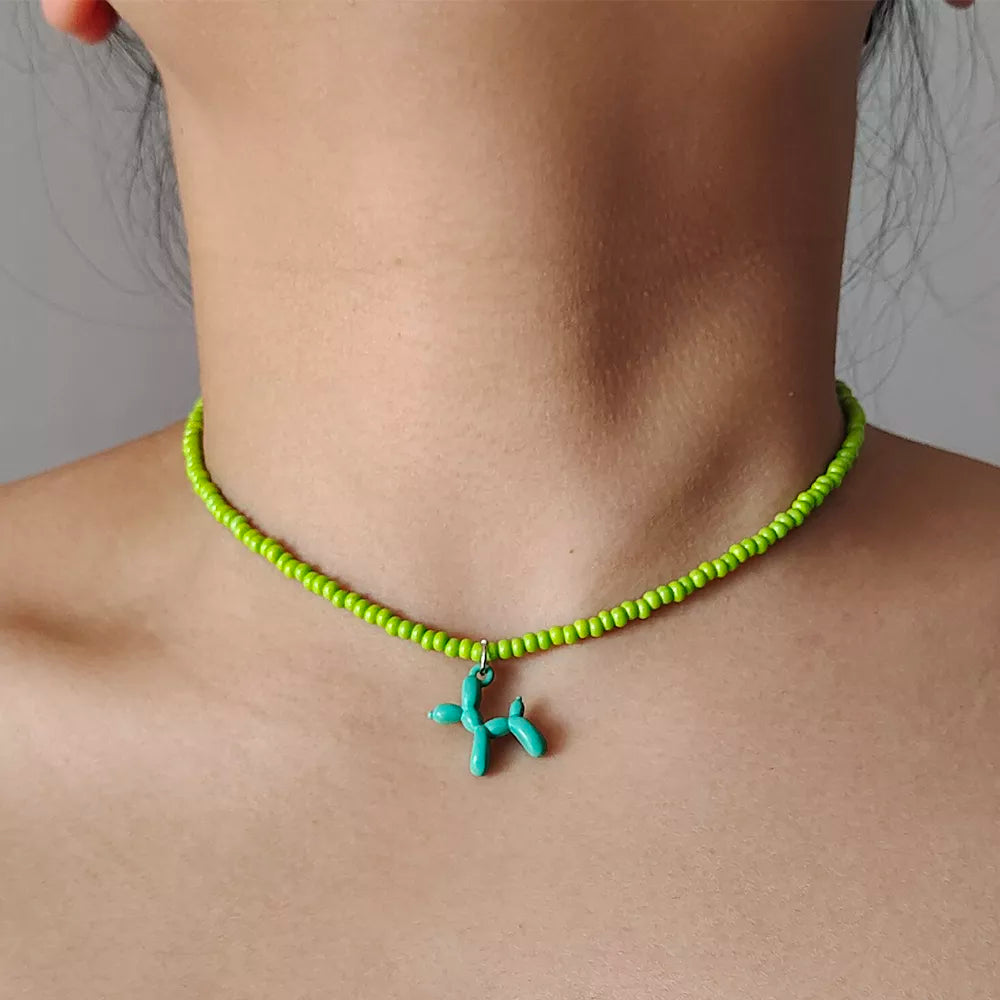 Colorful Poodle Pendant Beads Choker Necklace