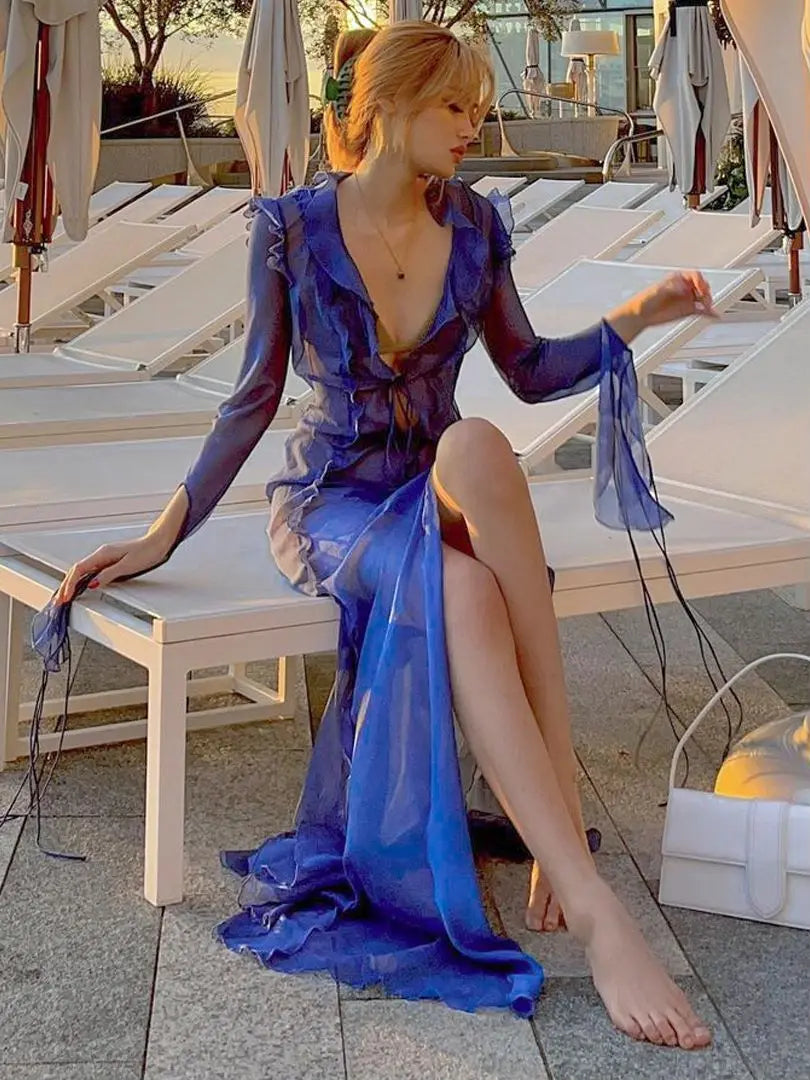 See Through Mesh Tie Up Midi Dress