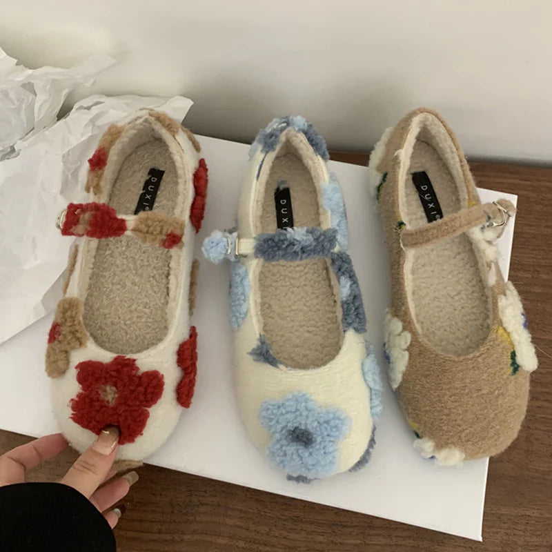 Lorie Vintage Floral Faux Fur Ballet Flats