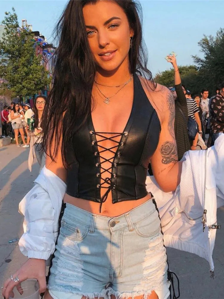 Solid Color PU Lace-up Y2K Slim Cami Top