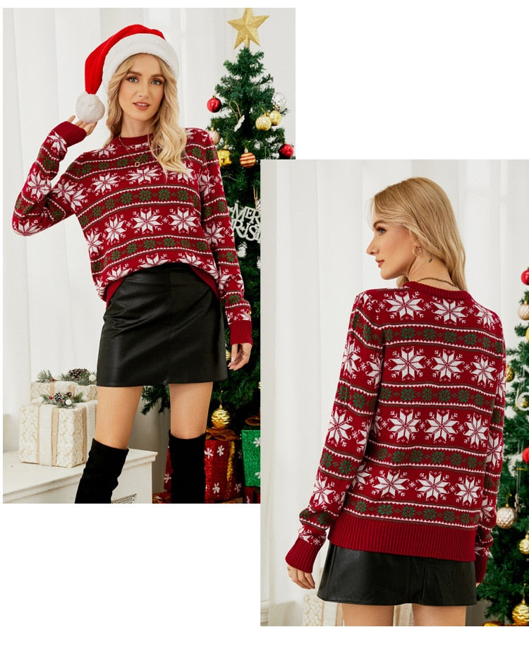 Christmas Long Sleeve Snowflake Round Neck Print Sweater Thick Knit Jumper Warm Sweater