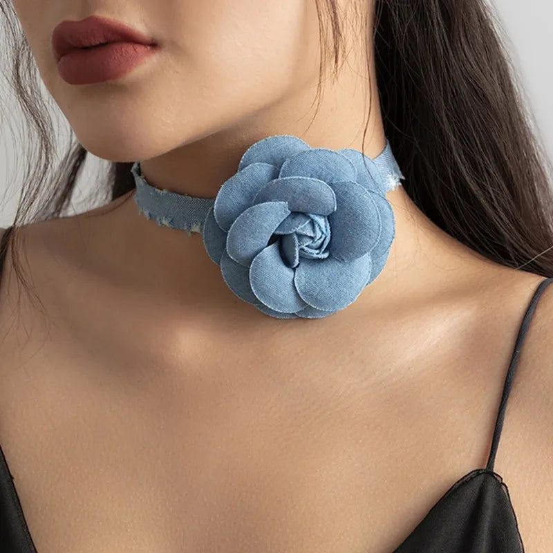 Denim Rose Corsage Choker Necklaces