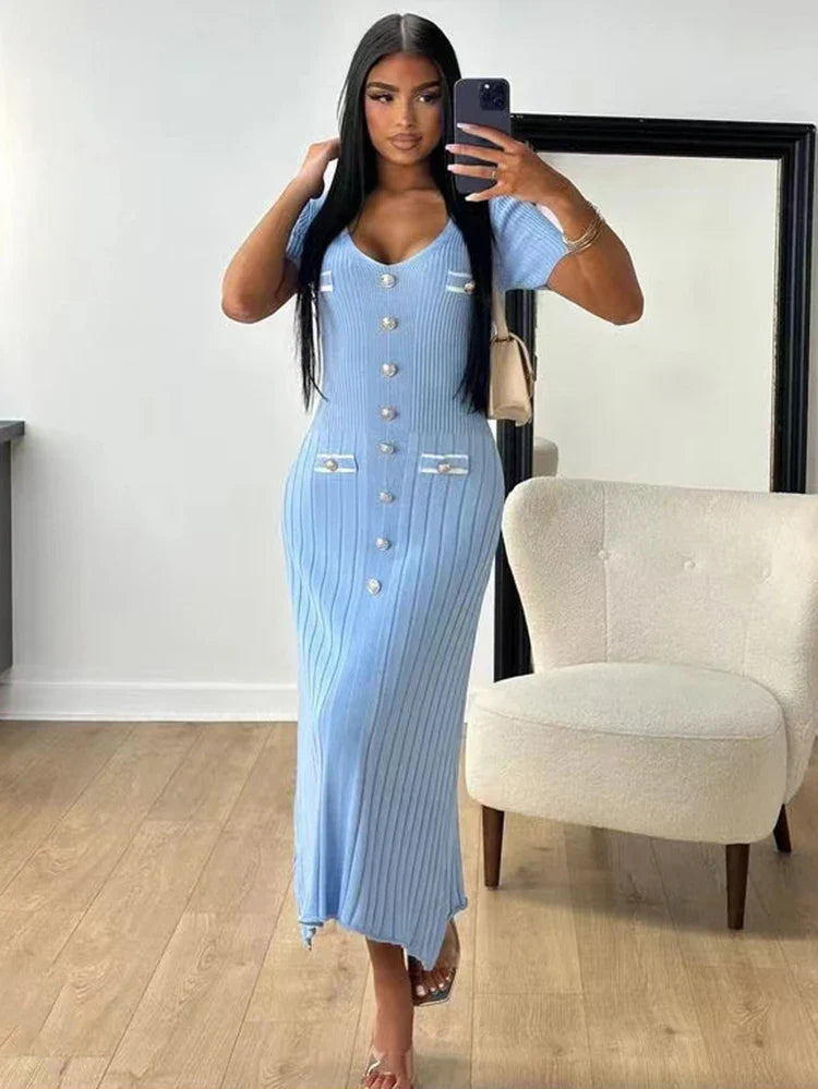 V-Neck Knitted Short Sleeve Button Work Dress