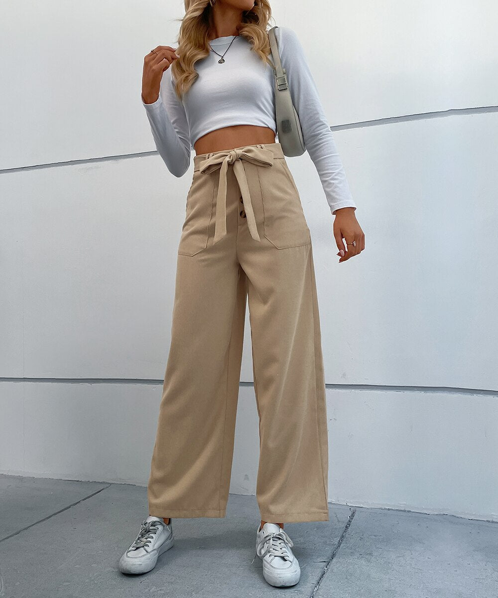 Solid Corduroy Belted Wide Leg Pants