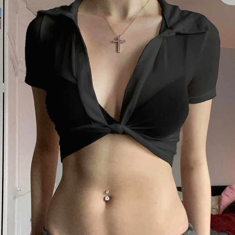 Transparent Mesh Short Sleeve Sheer Top