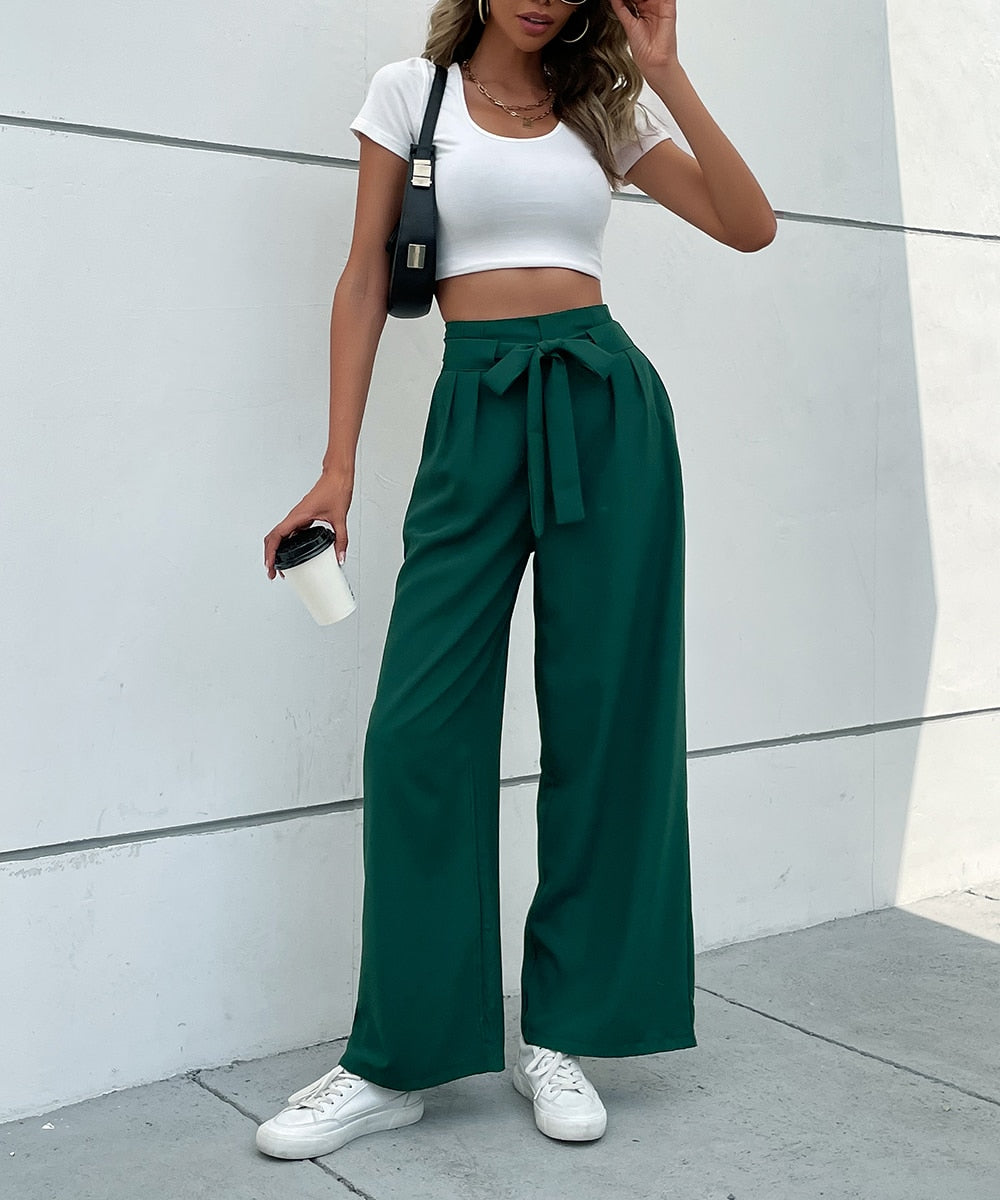 Solid Pleat Front Elegant Belted Pants