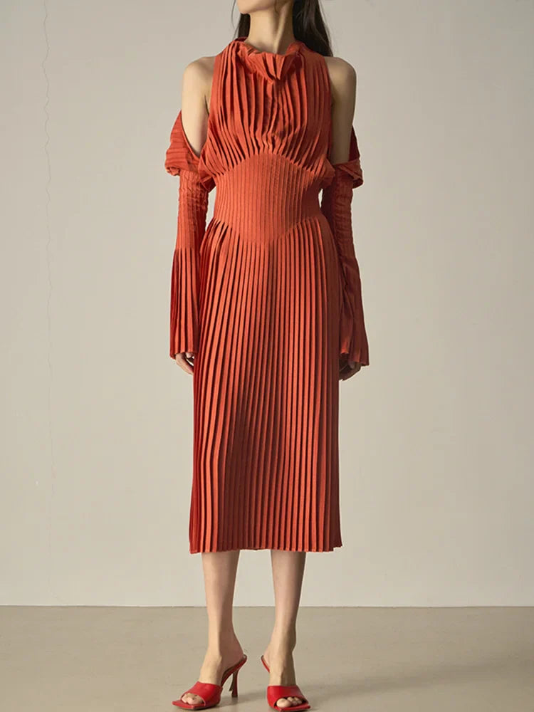 Mariella Elegant Pleated Off Shoulder Midi Dress