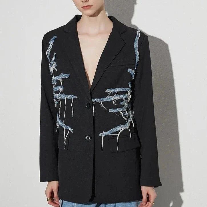 Fillipa Frayed Denim Line Patchwork Blazer