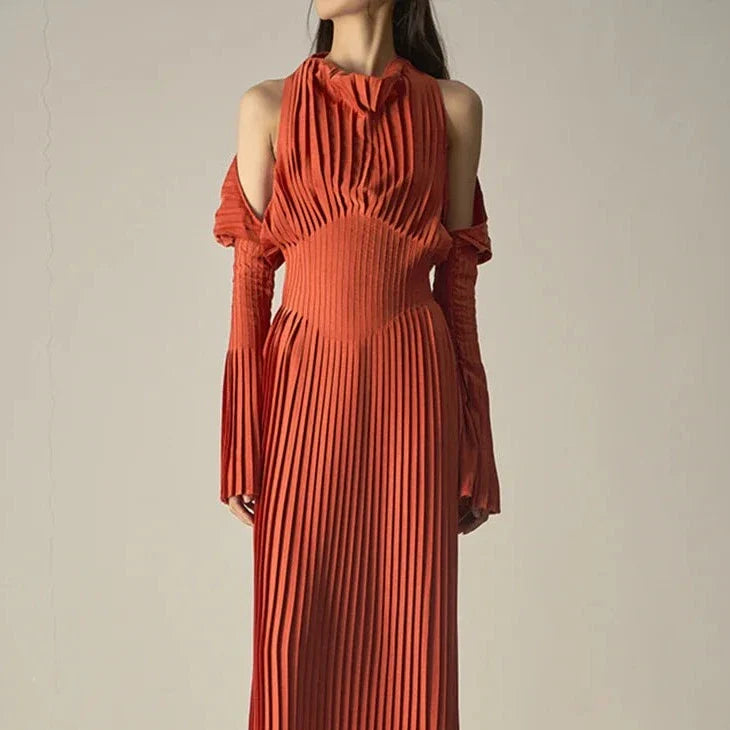 Mariella Elegant Pleated Off Shoulder Midi Dress
