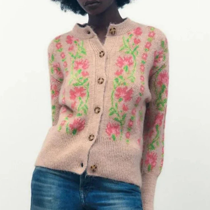 Emilee Sweet Floral Intarsia Cardigan Sweater