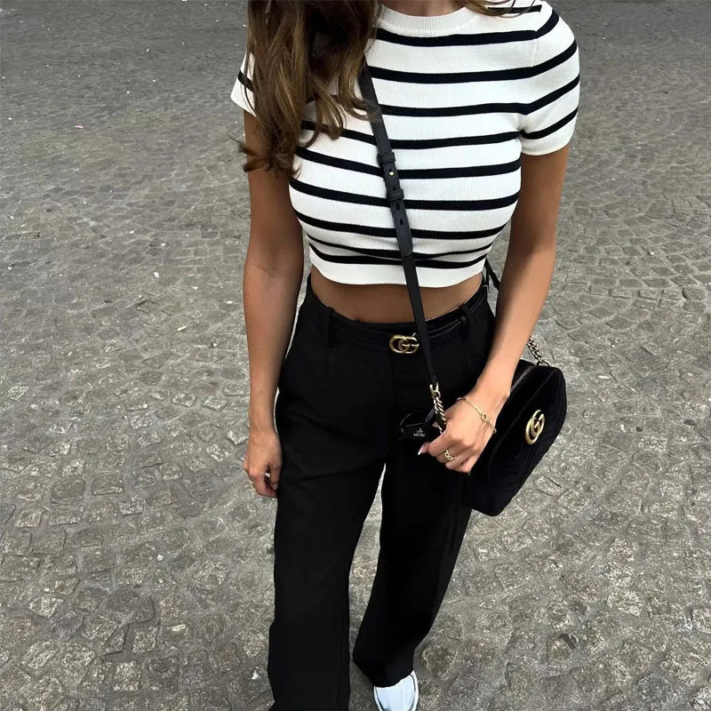 Manon Breton Stripe Cropped Knit Tops