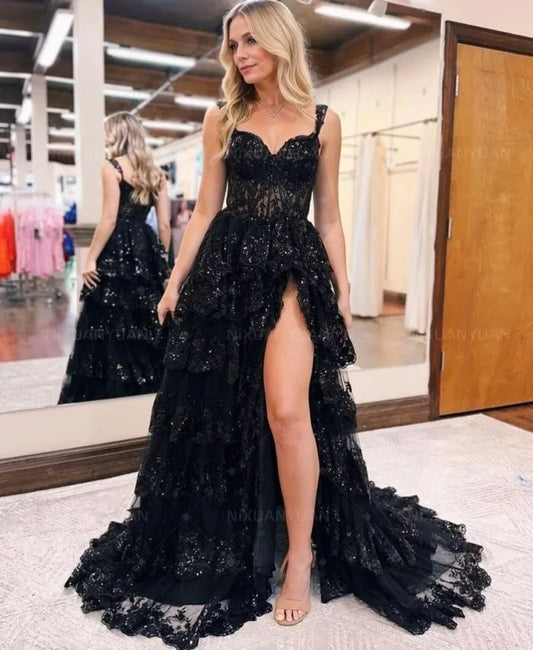 Tiered Sparkly Lace Prom Dress