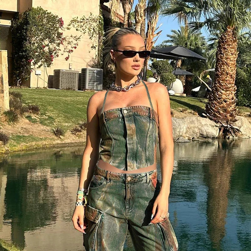 Denim Button Backless Off Shoulder Cami Top