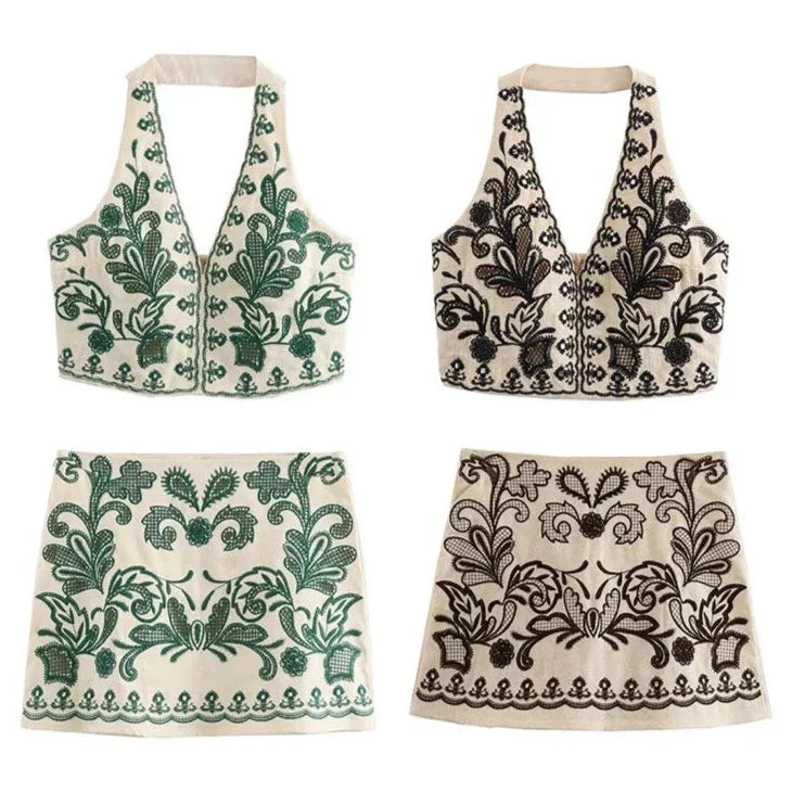 Mallorca Embroidery Halter Top & Skirt