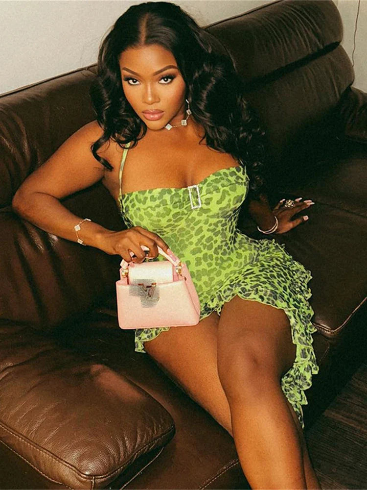 Ruffle Buckle Slip Leopard Print Mini Dress